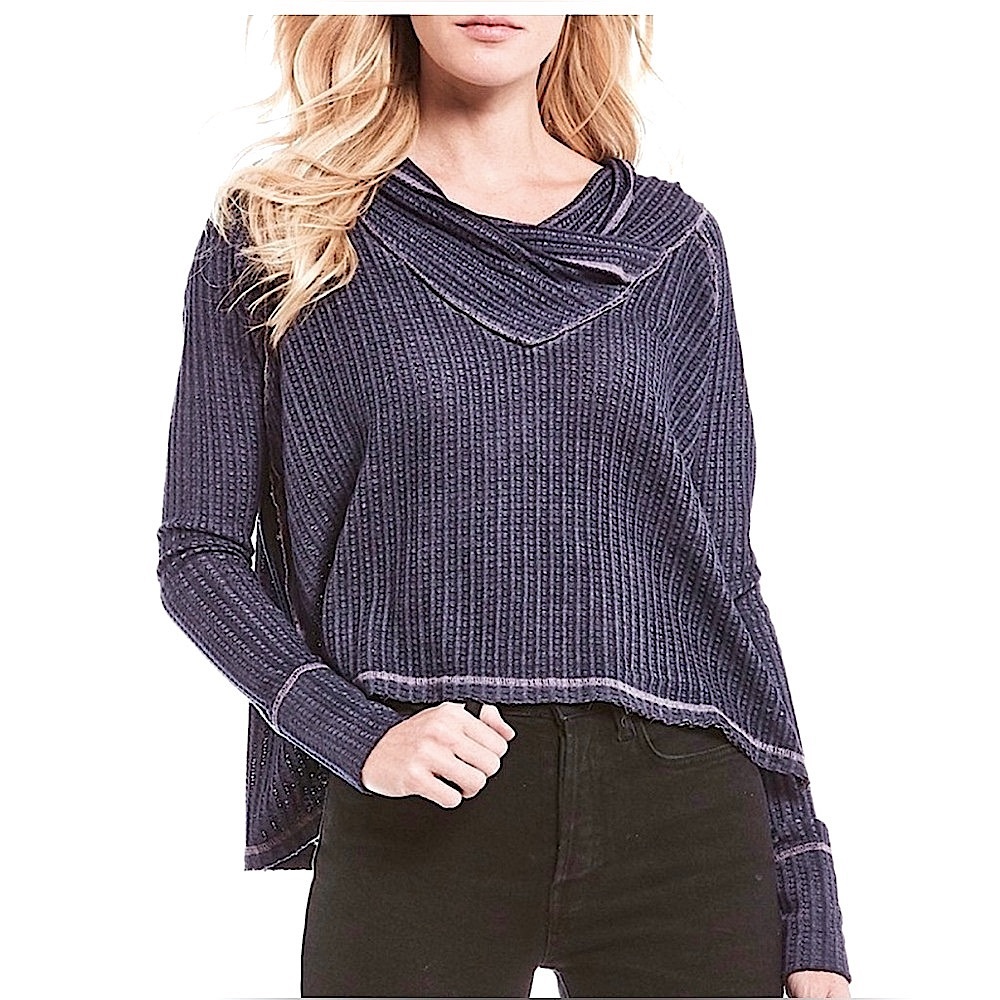 Free People Wildcat High-Low Waffle Knit Cowl Neck Blue-Purple Oversized Top XS